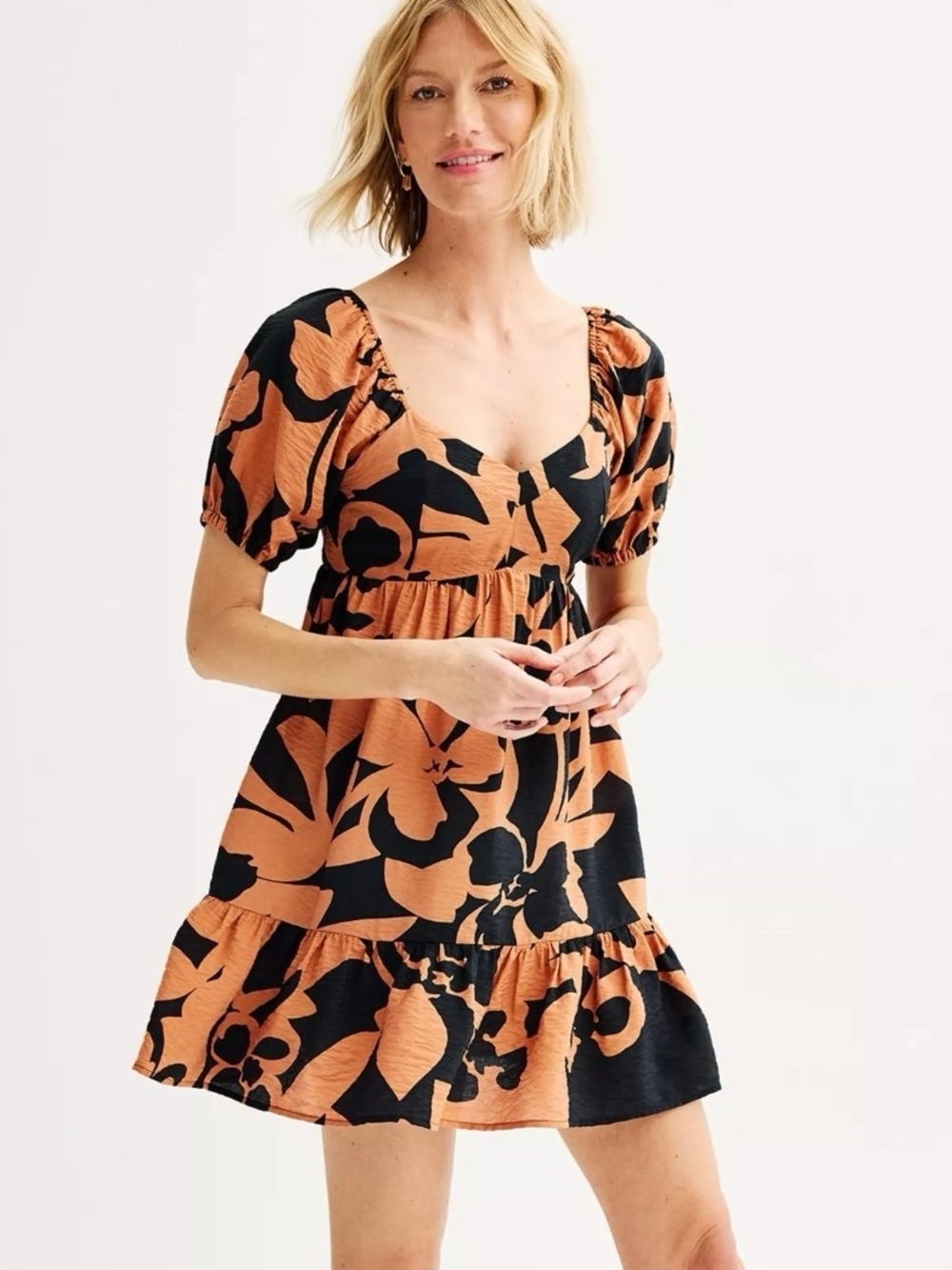 Nine West Black & Orange Floral Puff-Sleeve Mini Dress